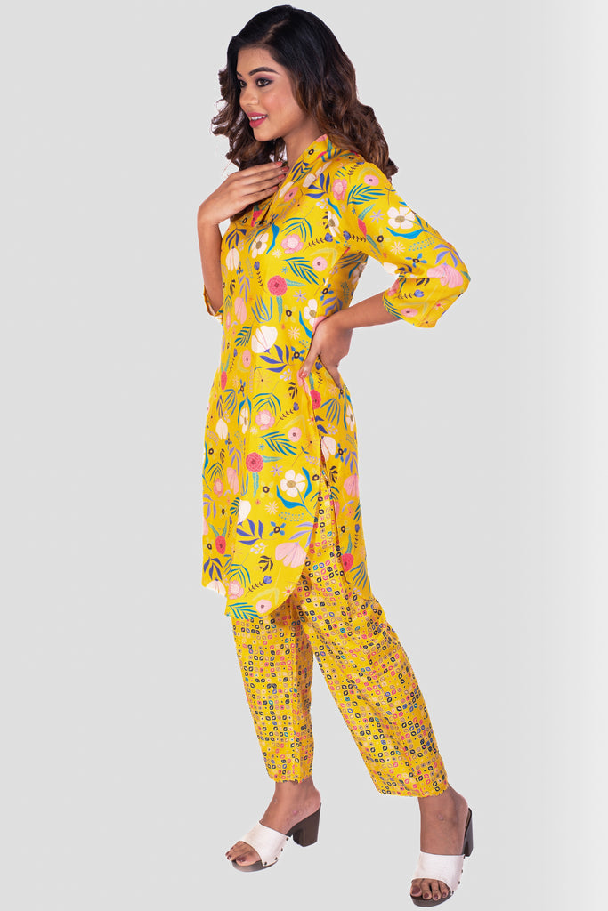 Vibrant Yellow Blossom Collared Muslin Kurta Set