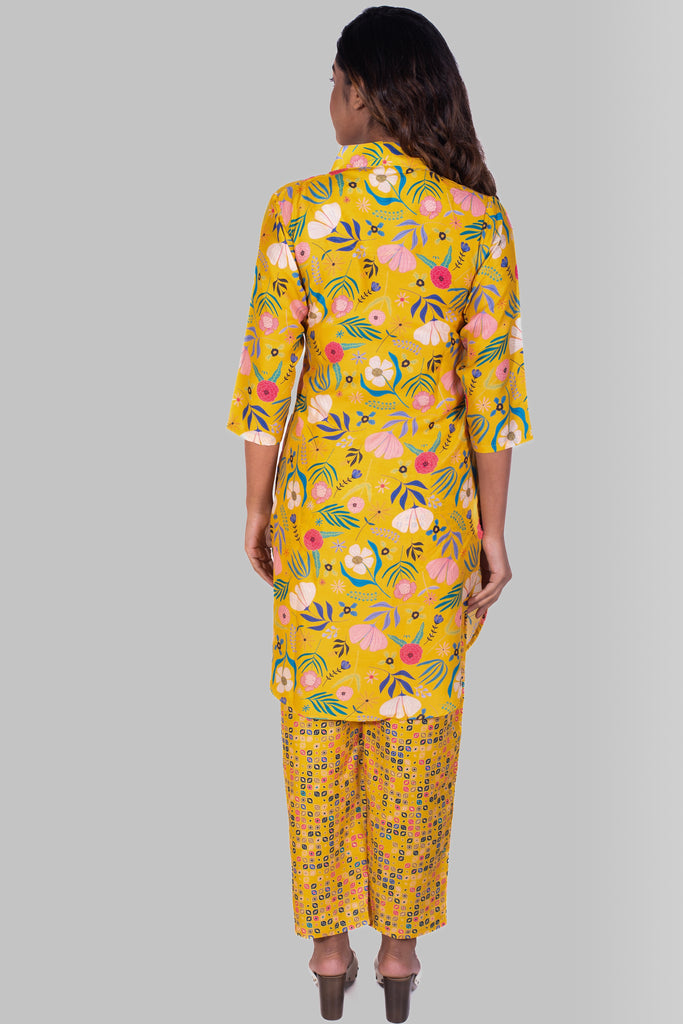 Vibrant Yellow Blossom Collared Muslin Kurta Set