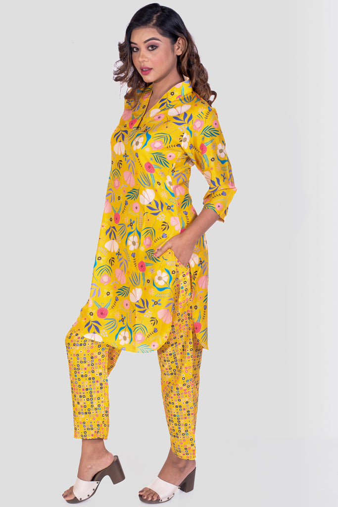 Vibrant Yellow Blossom Collared Muslin Kurta Set