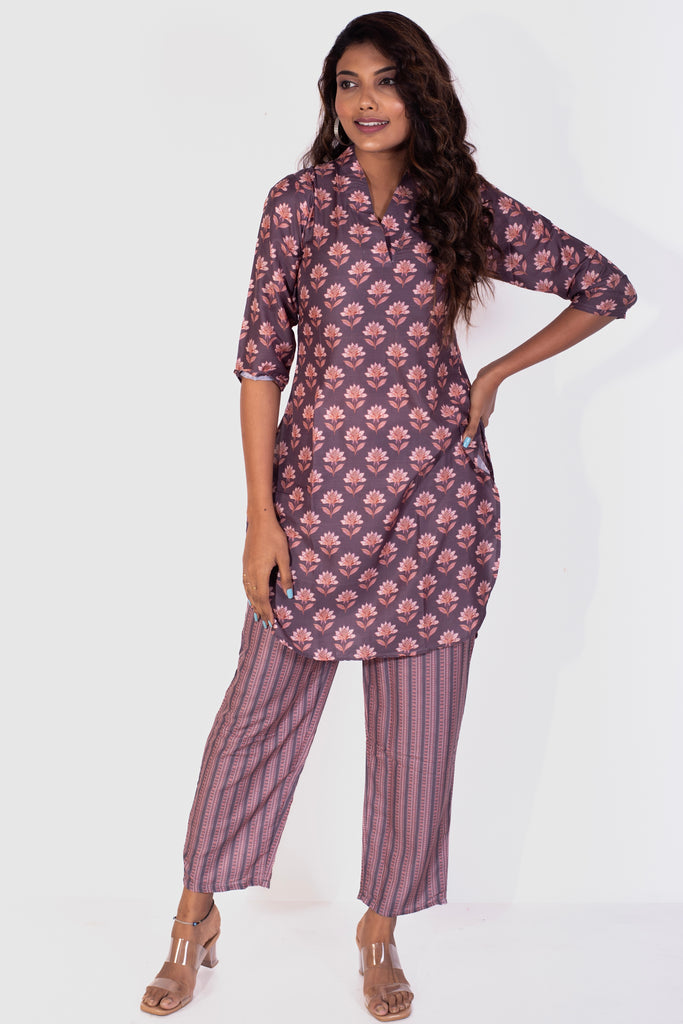 Geometrical Printed Collared Brown Kurta Set