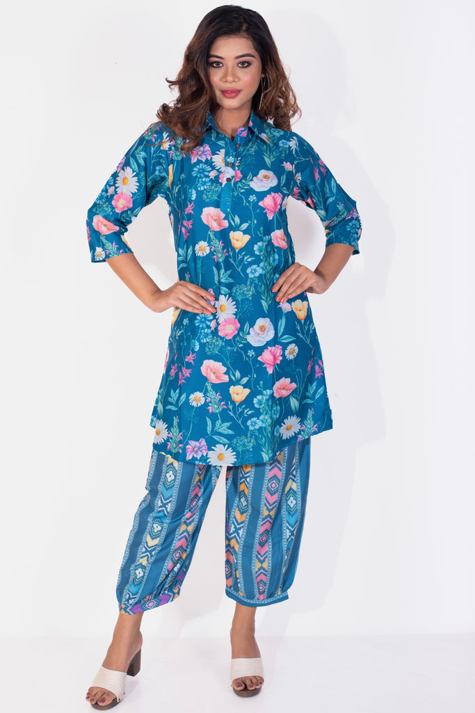 Floral Garden Fun Blue Collared Muslin Coord Set