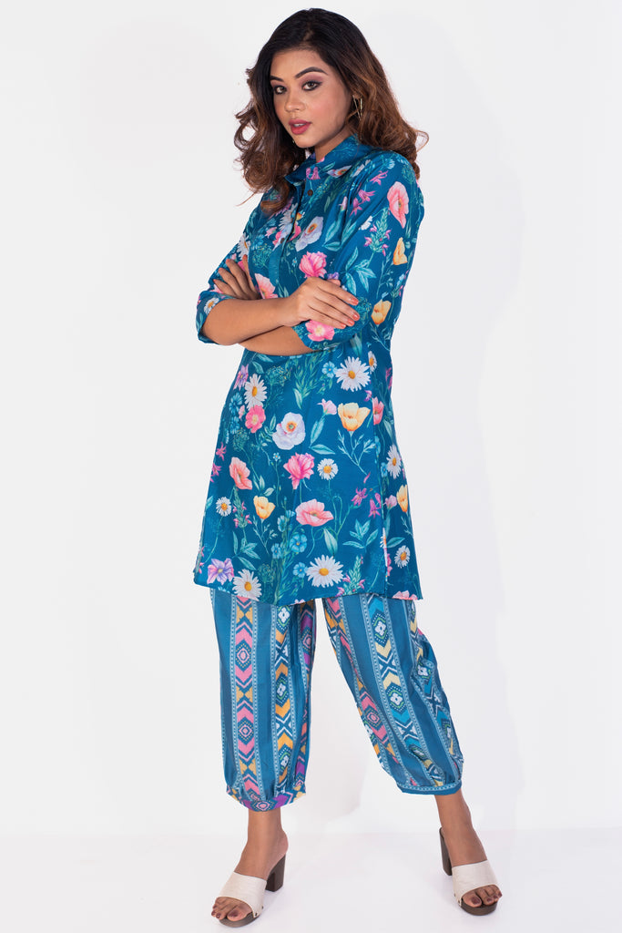 Floral Garden Fun Blue Collared Muslin Coord Set