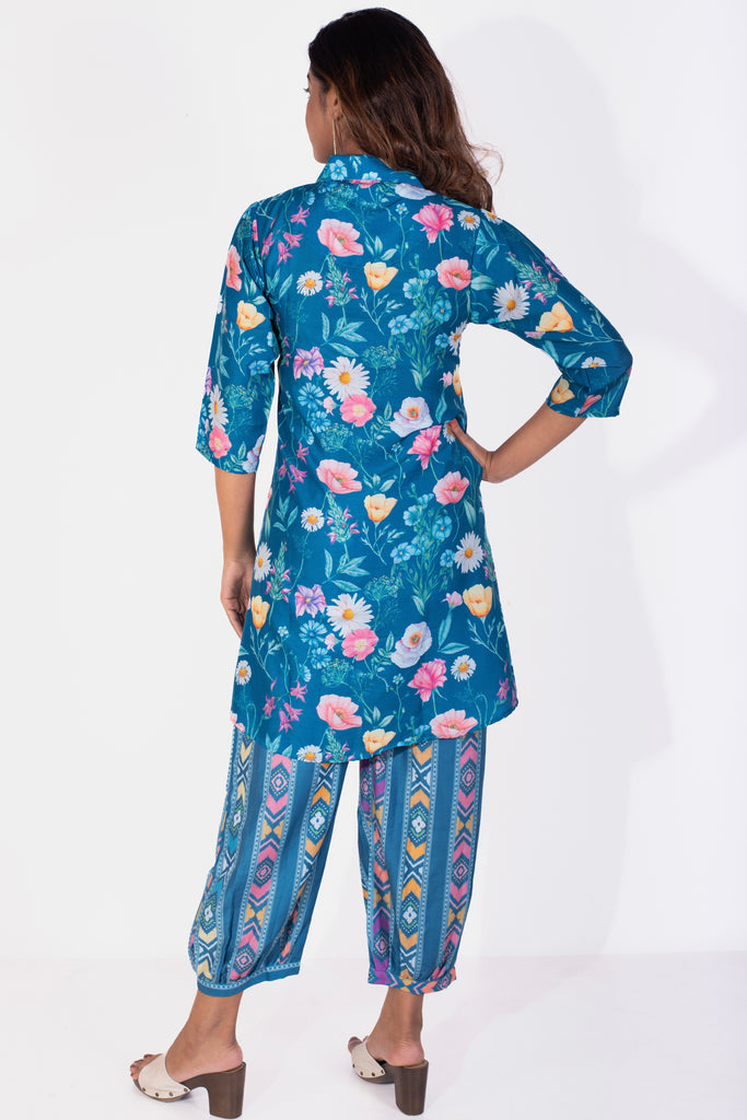 Floral Garden Fun Blue Collared Muslin Coord Set