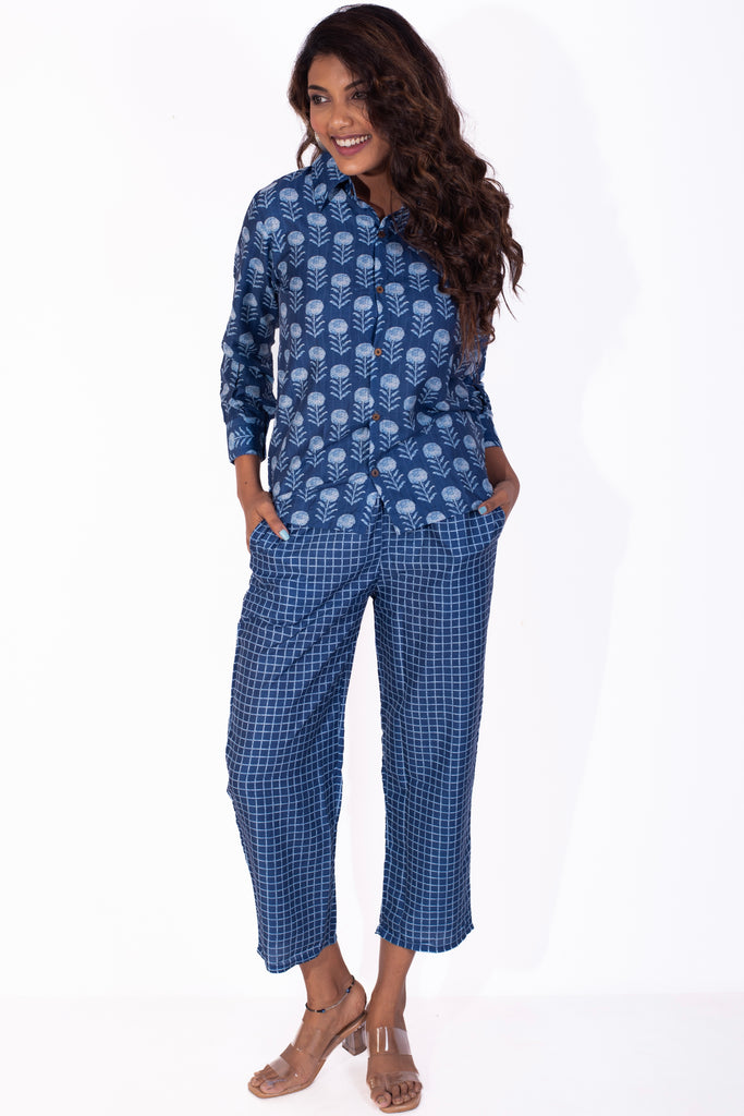 Geometrical Block Printed Blue Muslin Coord Set