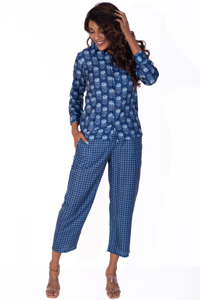 Geometrical Block Printed Blue Muslin Coord Set