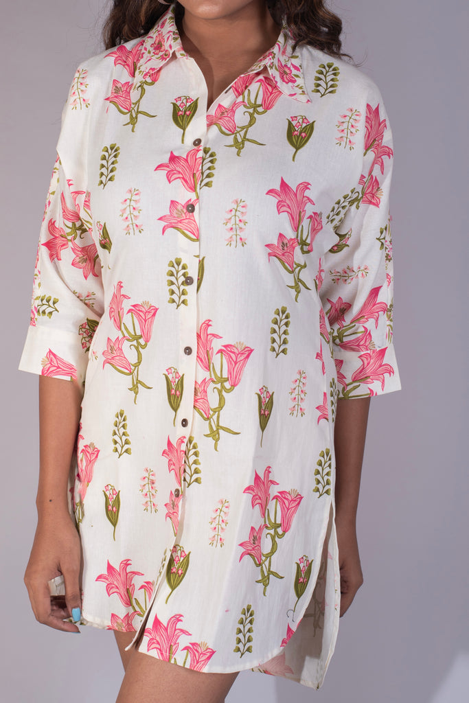 Floral Block Printed Oversized Cotton Shirt Dress