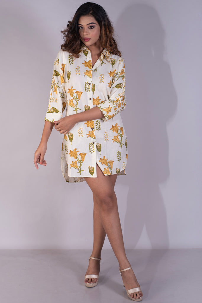 Floral Block Printed Oversized Cotton Shirt Dress