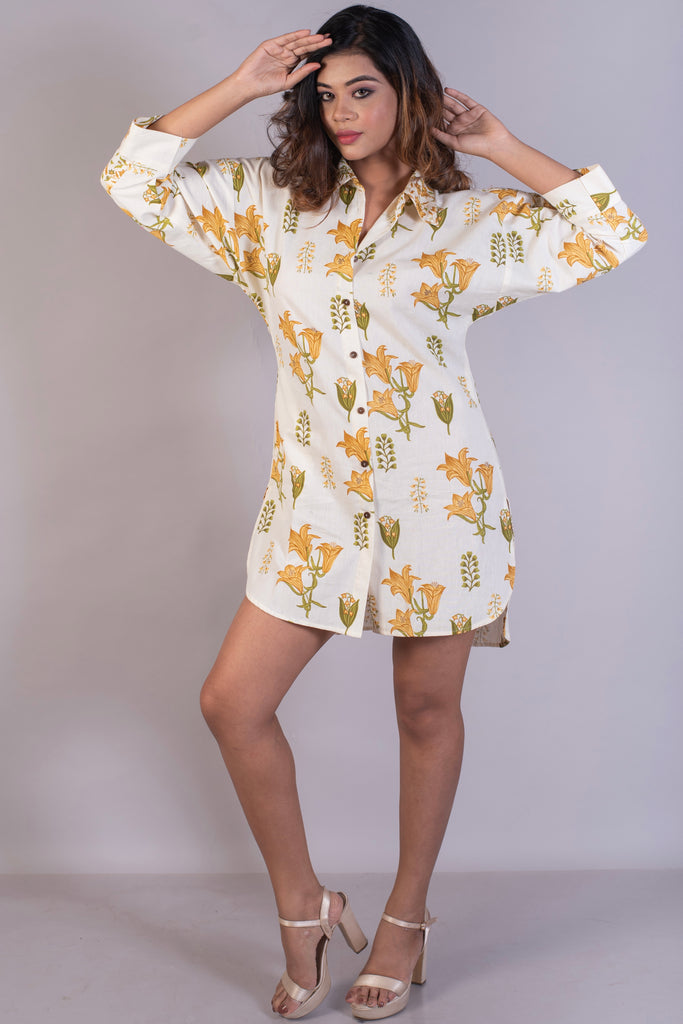 Floral Block Printed Oversized Cotton Shirt Dress