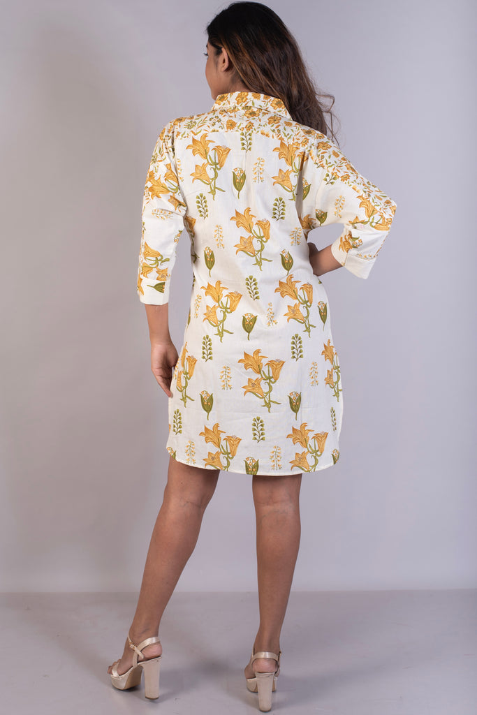 Floral Block Printed Oversized Cotton Shirt Dress