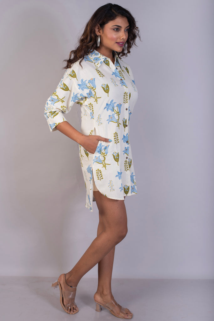 Floral Block Printed Oversized Cotton Shirt Dress