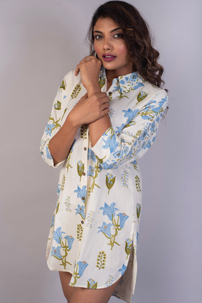 Floral Block Printed Oversized Cotton Shirt Dress