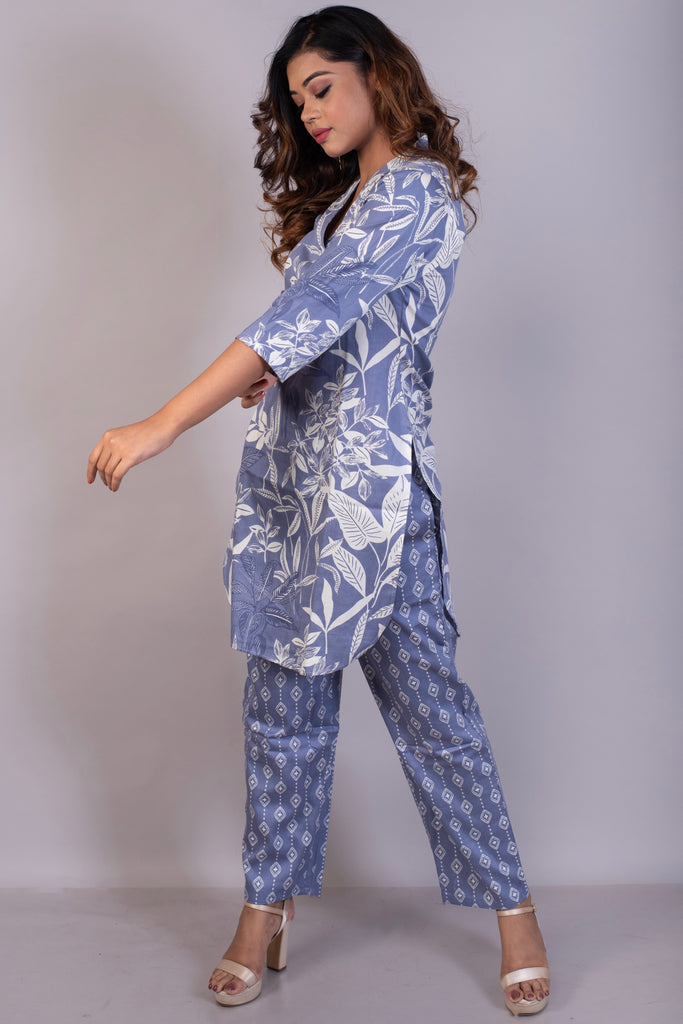 Tropical Printed Blue Bell Cotton Satin Kurta Set