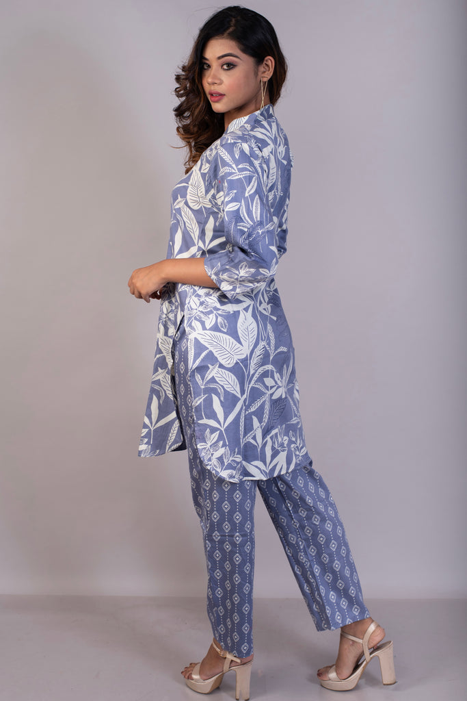 Tropical Printed Blue Bell Cotton Satin Kurta Set