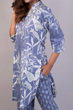 Load image into Gallery viewer, Tropical Printed Blue Bell Cotton Satin Kurta Set