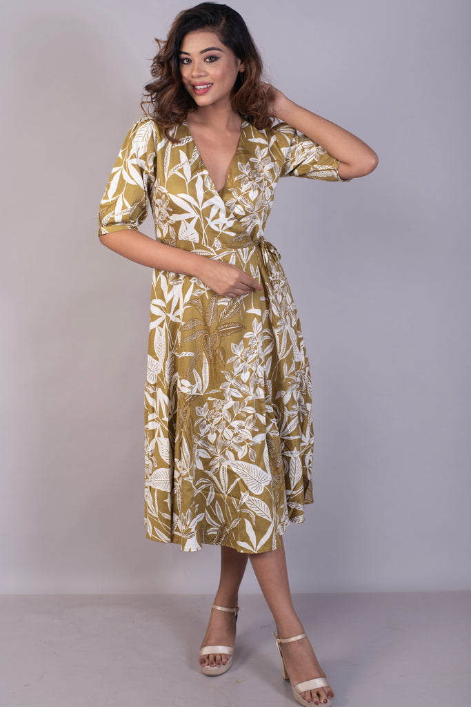 Tropical Printed Coffee Cotton Satin Wrap Dress