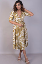 Load image into Gallery viewer, Tropical Printed Coffee Cotton Satin Wrap Dress