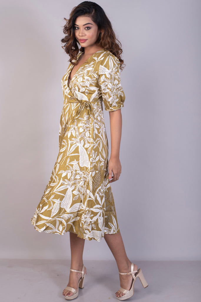 Tropical Printed Coffee Cotton Satin Wrap Dress