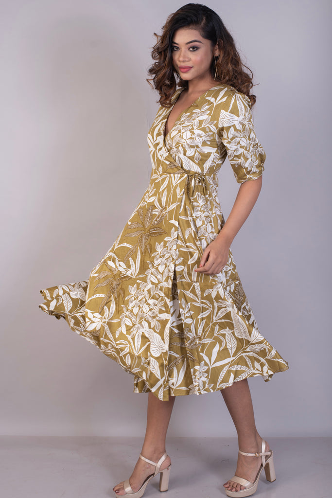 Tropical Printed Coffee Cotton Satin Wrap Dress