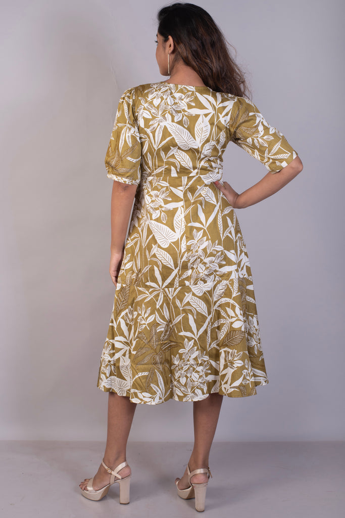 Tropical Printed Coffee Cotton Satin Wrap Dress