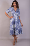 Tropical Printed Blue Bell Cotton Satin Wrap Dress