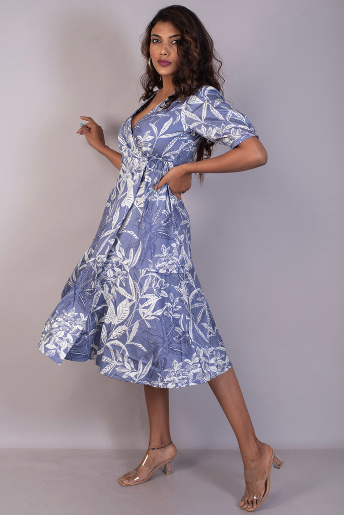 Tropical Printed Blue Bell Cotton Satin Wrap Dress