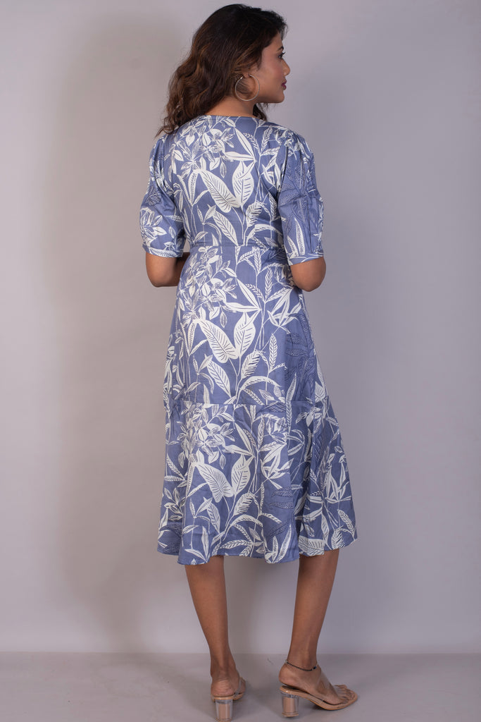 Tropical Printed Blue Bell Cotton Satin Wrap Dress