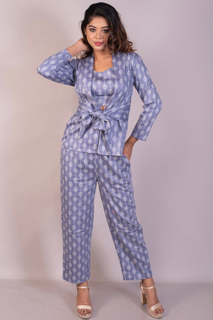 Tropical Printed Blue Bell Cotton Satin Pant Suit