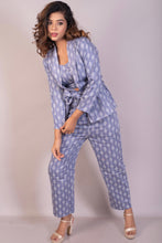 Load image into Gallery viewer, Tropical Printed Blue Bell Cotton Satin Pant Suit