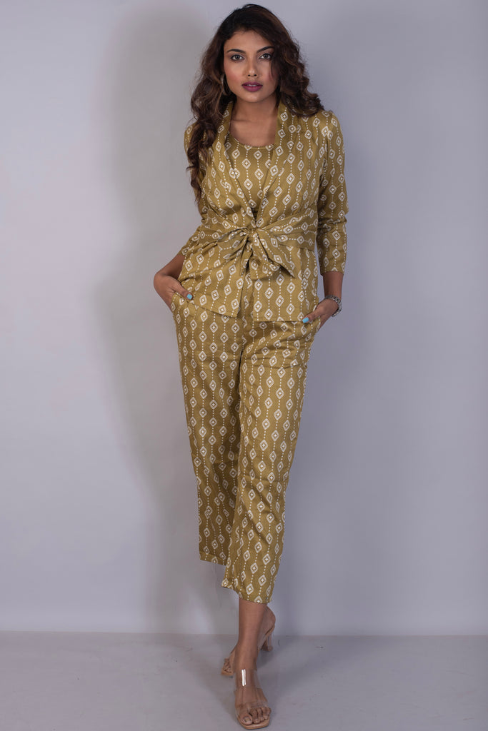 Tropical Printed Coffee Cotton Satin Pant Suit