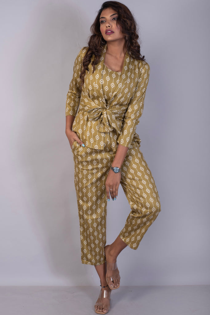 Tropical Printed Coffee Cotton Satin Pant Suit