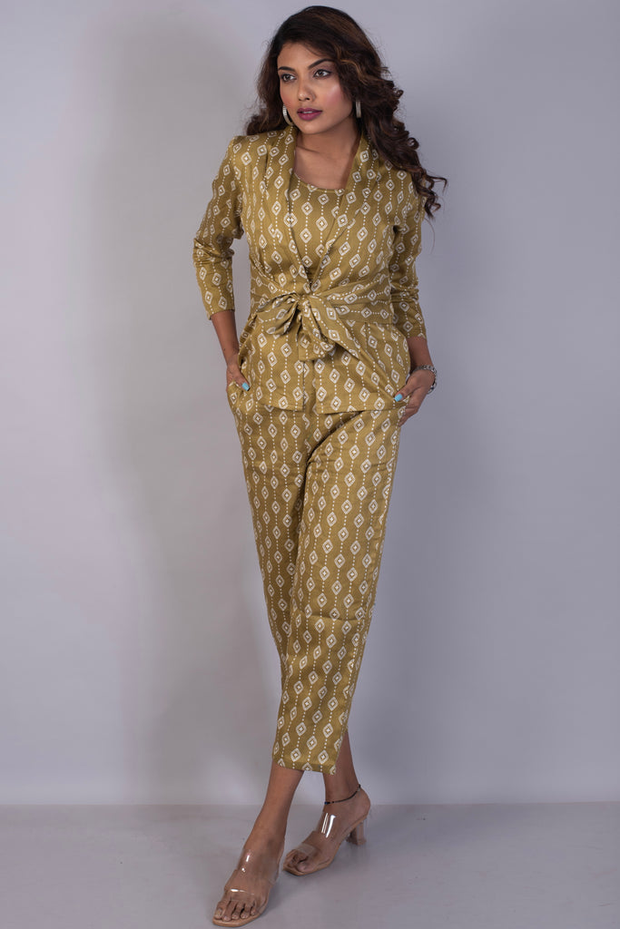 Tropical Printed Coffee Cotton Satin Pant Suit