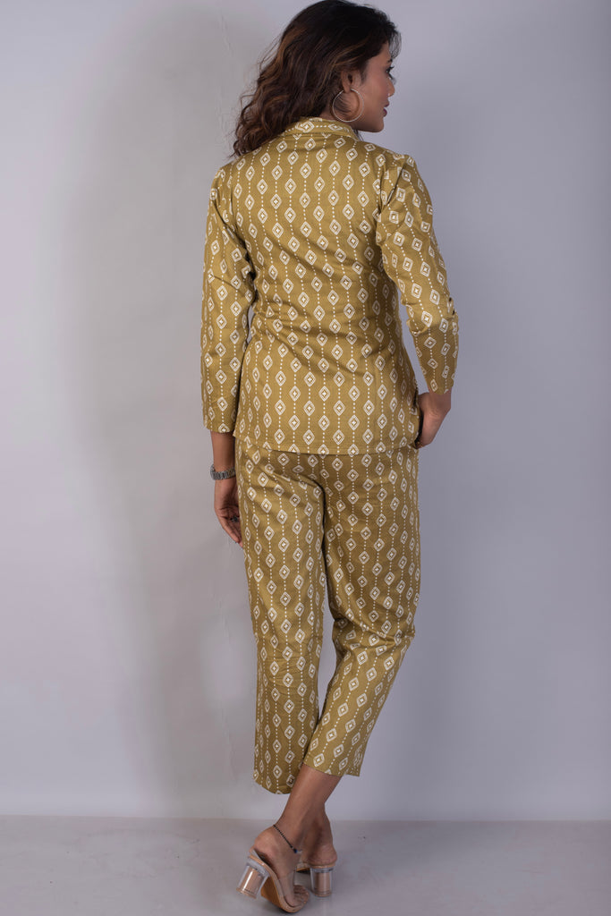 Tropical Printed Coffee Cotton Satin Pant Suit