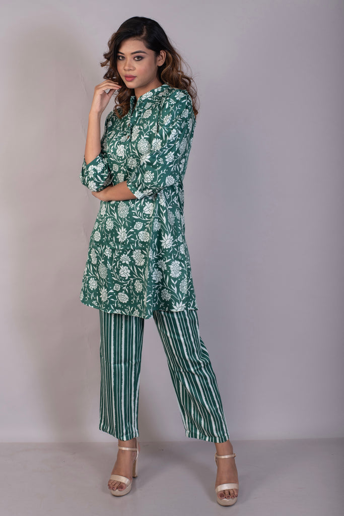 Green Floral Jaal Cotton Satin Coord Set