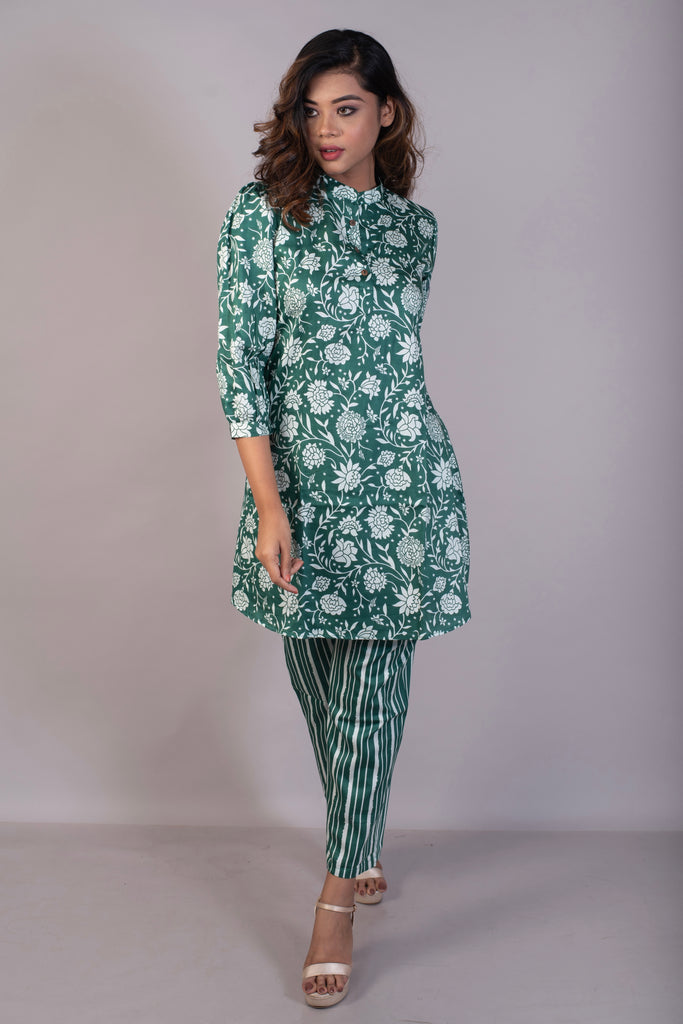 Green Floral Jaal Cotton Satin Coord Set