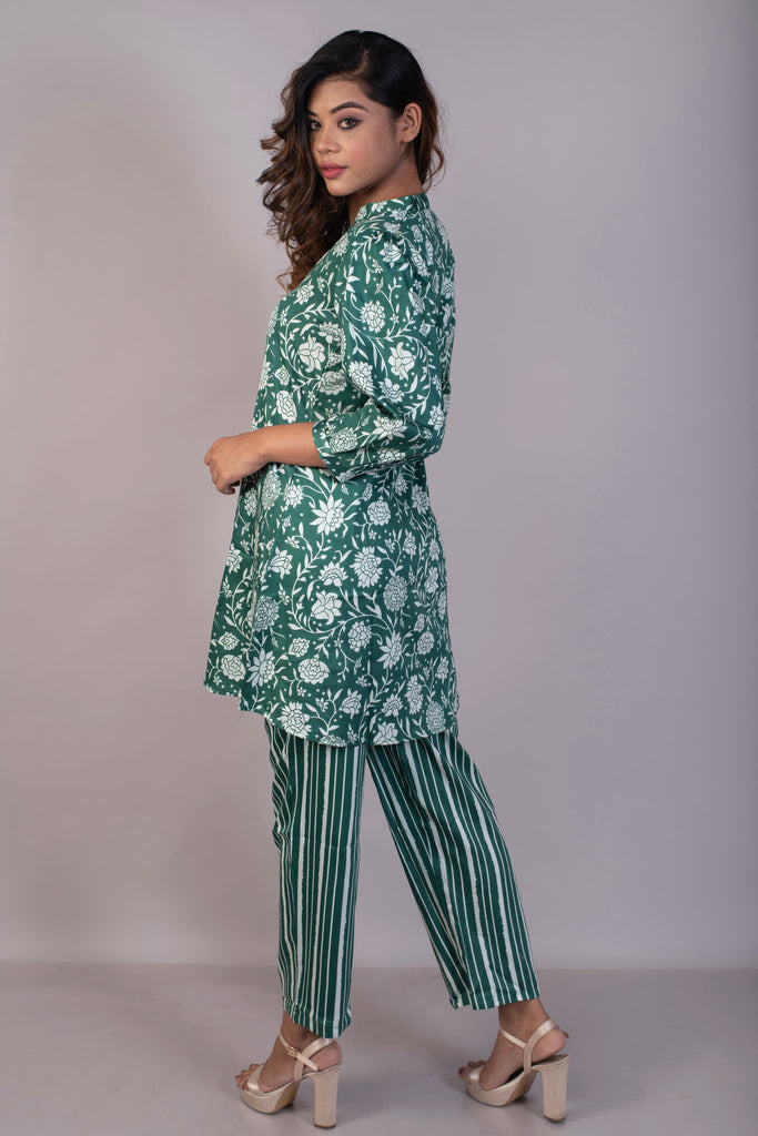 Green Floral Jaal Cotton Satin Coord Set