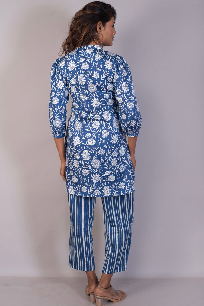 Blue Floral Jaal Cotton Satin Coord Set