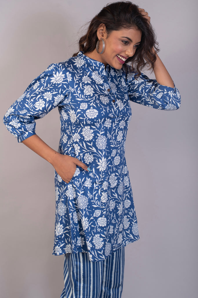 Blue Floral Jaal Cotton Satin Coord Set