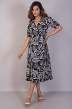 Load image into Gallery viewer, Black Floral Cotton Satin Wrap Dress