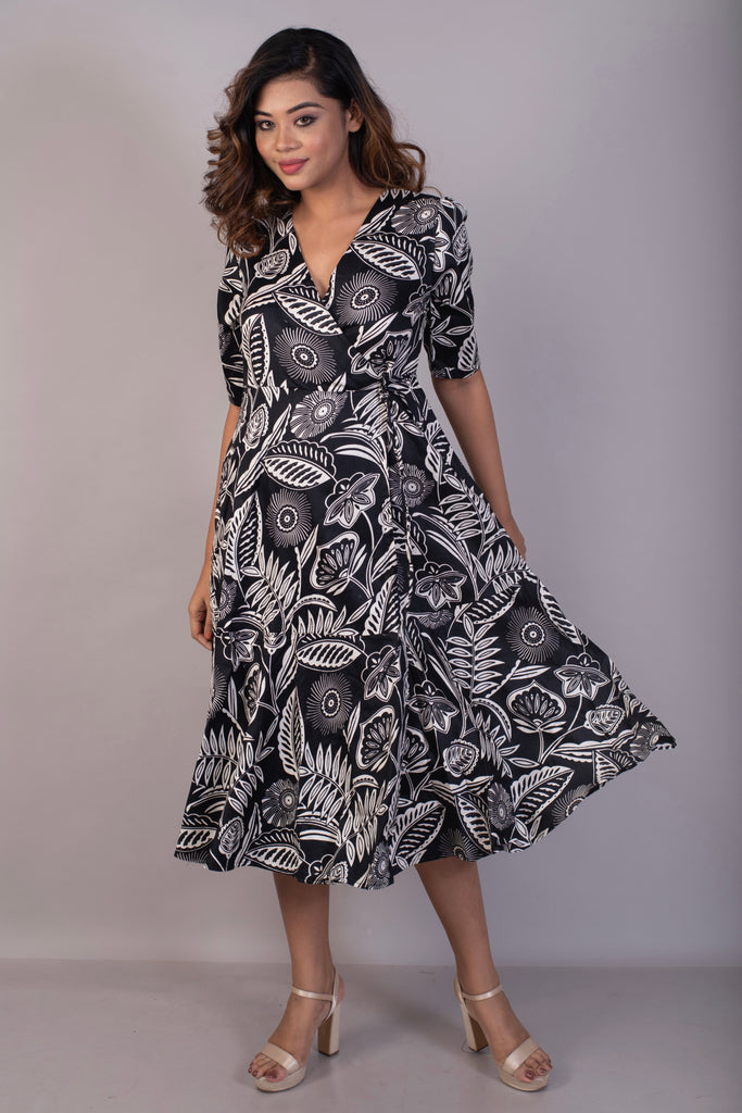 Black Floral Cotton Satin Wrap Dress