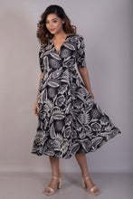 Load image into Gallery viewer, Black Floral Cotton Satin Wrap Dress