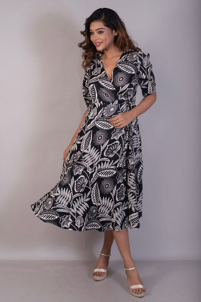 Black Floral Cotton Satin Wrap Dress