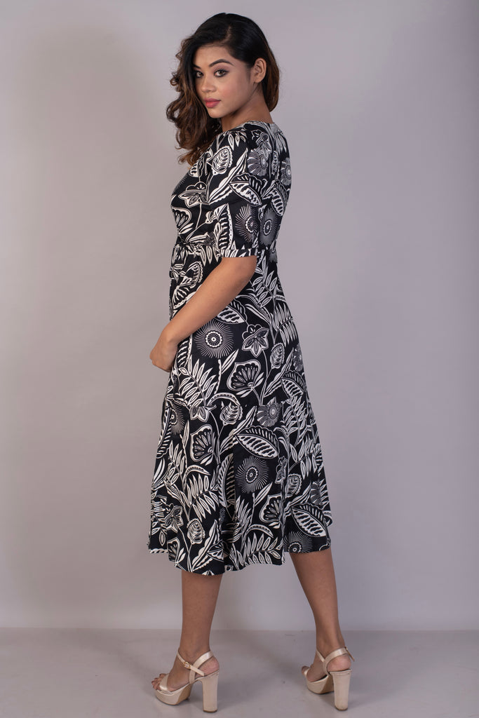 Black Floral Cotton Satin Wrap Dress