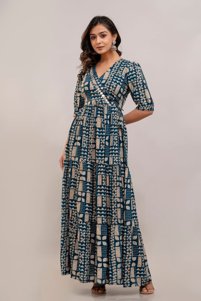 Mirror Embroidered Prussian Blue Rayon Gown