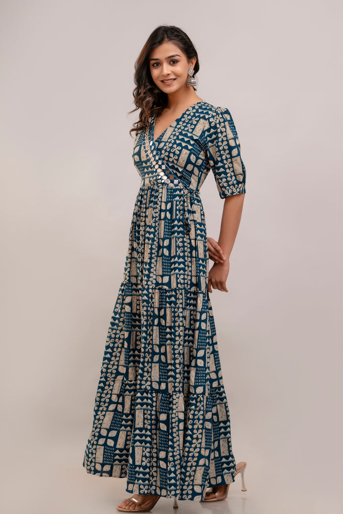 Mirror Embroidered Prussian Blue Rayon Gown