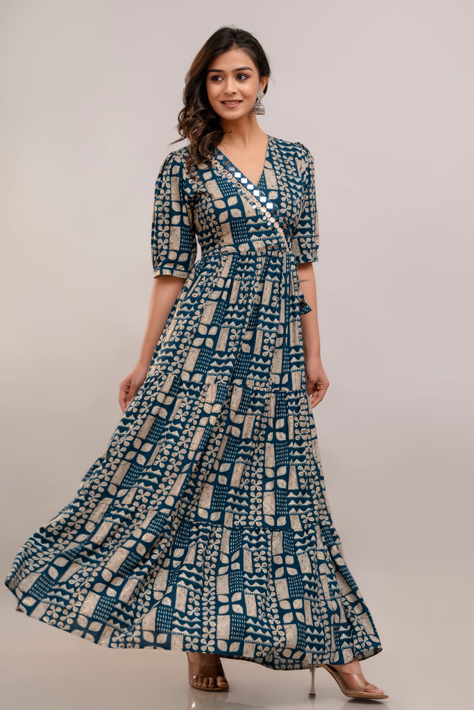 Mirror Embroidered Prussian Blue Rayon Gown