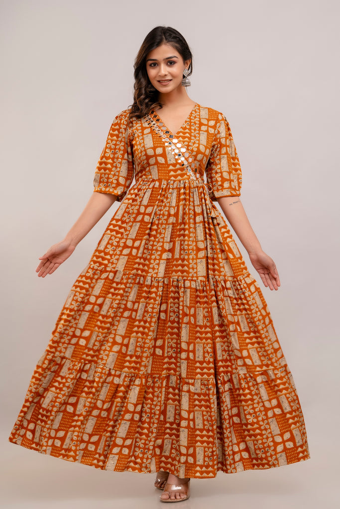 Mirror Embroidered Burnt Orange Rayon Gown