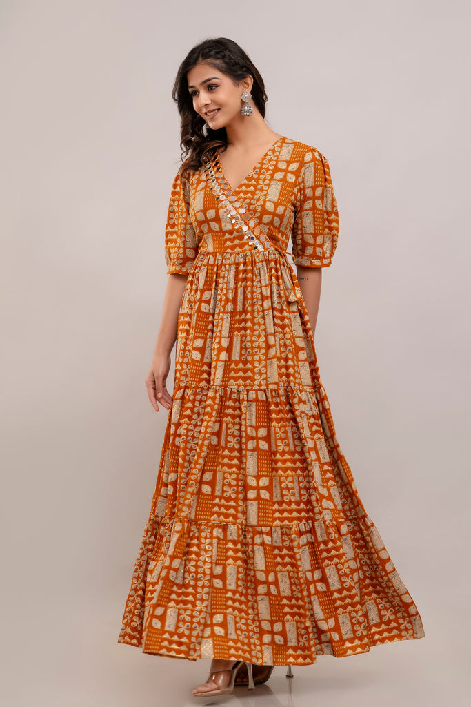 Mirror Embroidered Burnt Orange Rayon Gown