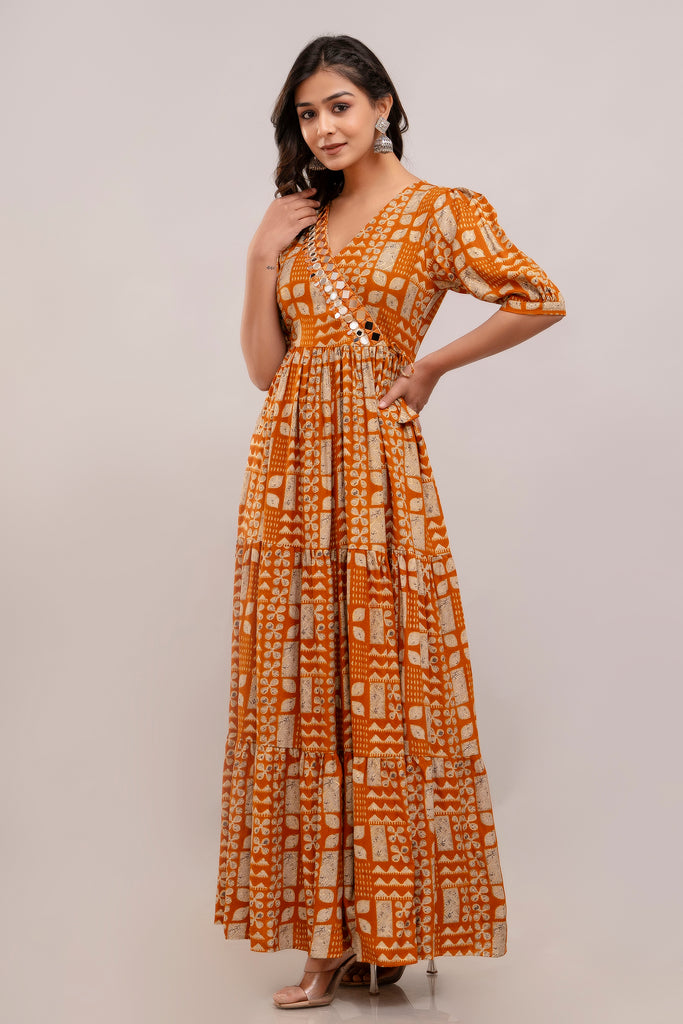 Mirror Embroidered Burnt Orange Rayon Gown