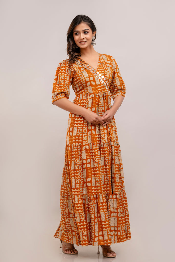 Mirror Embroidered Burnt Orange Rayon Gown