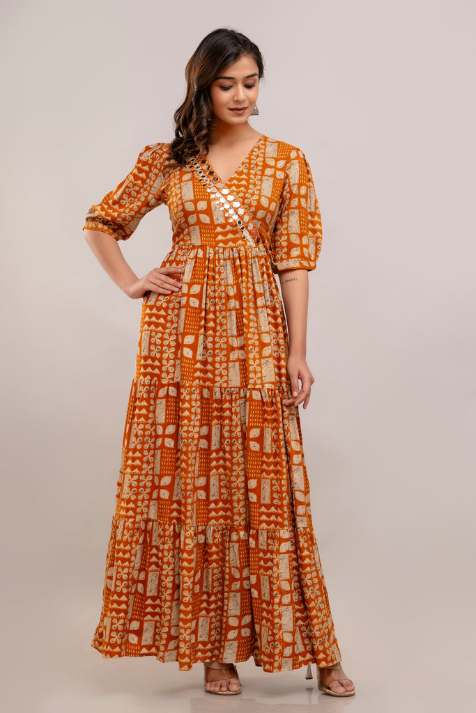 Mirror Embroidered Burnt Orange Rayon Gown